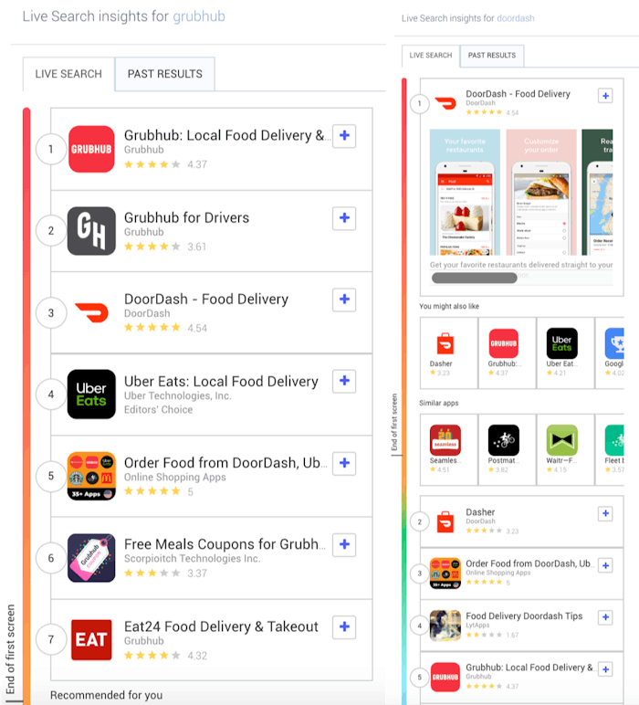 Comparing the Live Search results on “grubhub” vs. “doordash” in the US Play Store - AppTweak ASO Tool Live Search feature